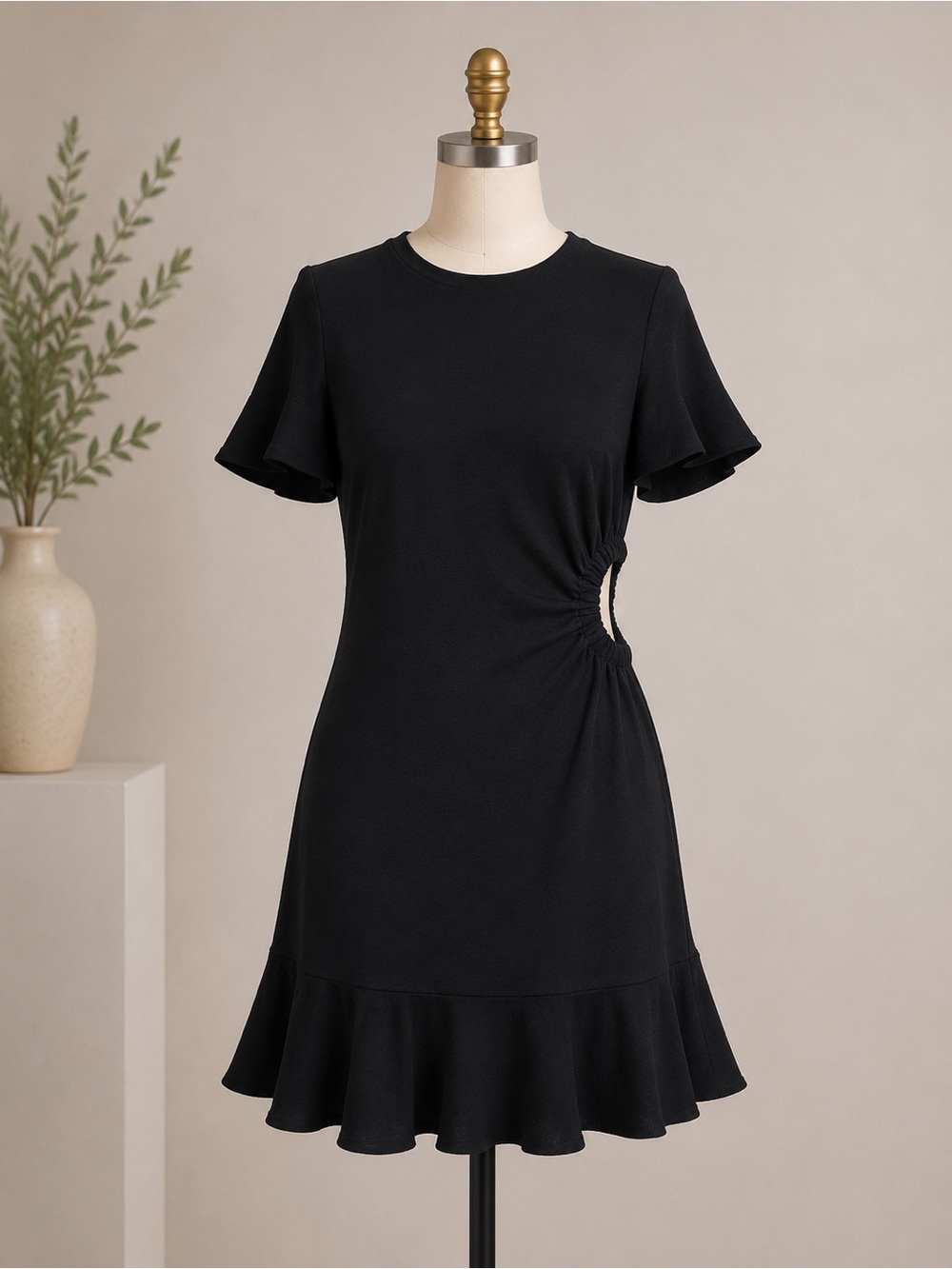 Sandro Paris Tessa Black Ruched Side Ruffle Hem Mini Dress Size 6 (38)